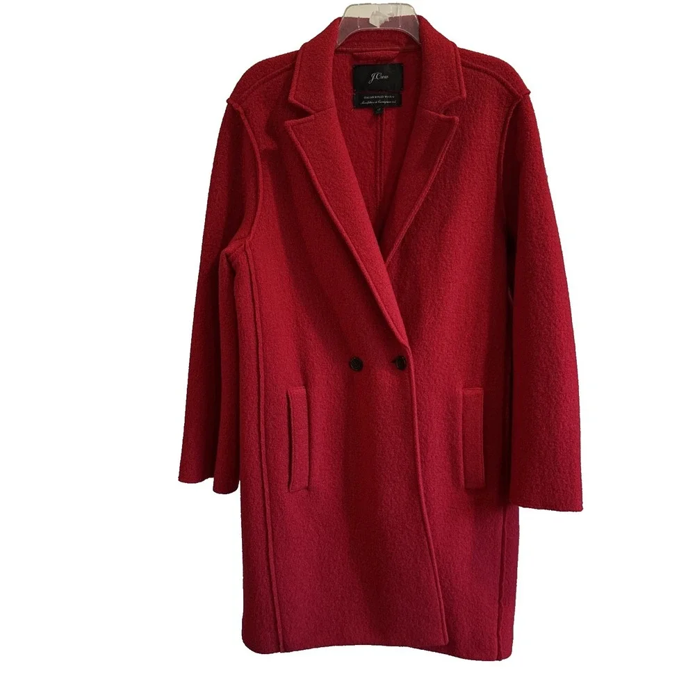 J.Crew 100% Italian Boiled Wool Coat Womens Size 12 Red Double Breasted Top Coat